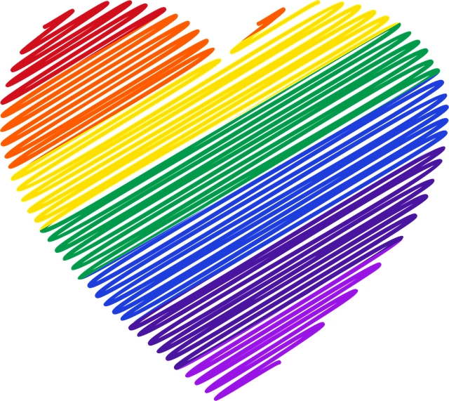 A heart shape filled with scribbled lines in rainbow colors, arranged in horizontal stripes from red at the top to purple at the bottom.