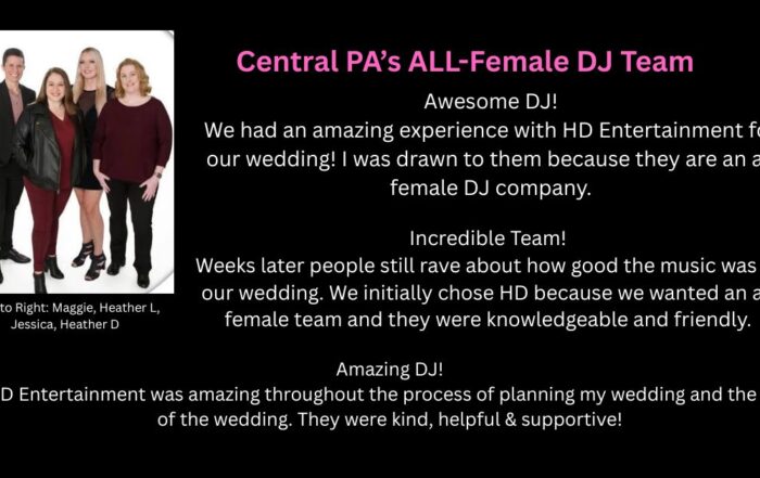 The 4 female DJs of HD Entertainment and 3 wedding testimonials.