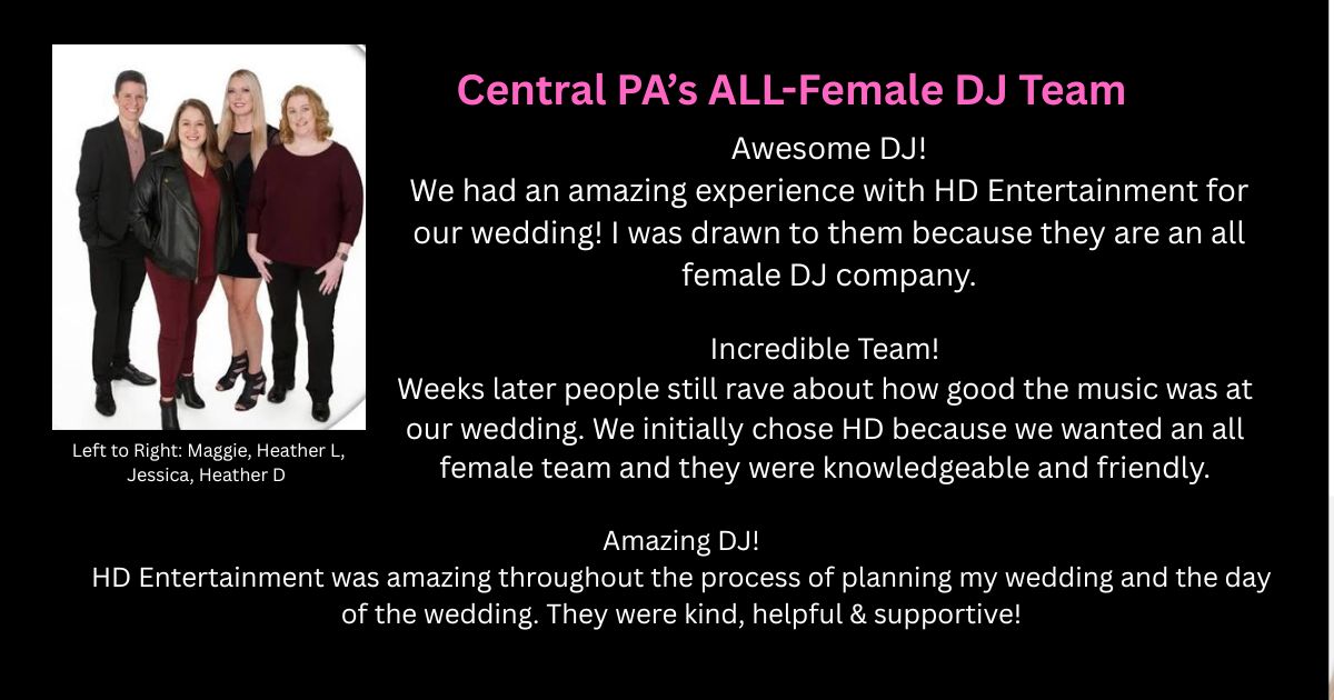 The 4 female DJs of HD Entertainment and 3 wedding testimonials.